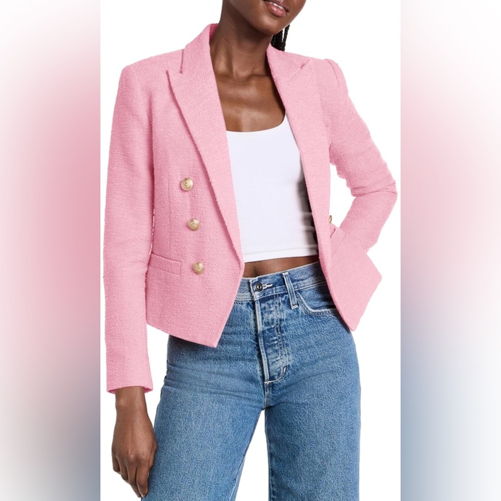 Cicy Bell Double Breasted Cropped Tweed Blazer - Pink w/ Gold Buttons -XL -NWOT